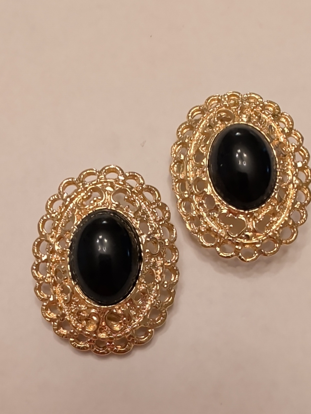Park Lane Gold Filigree Clip On Earrings with Black Cabochons